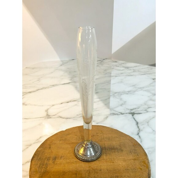 Vtg Duchin Bud Vase Etched Glass Sterling Silver Weighted Base 10 1/4" Tall READ - Picture 1 of 7
